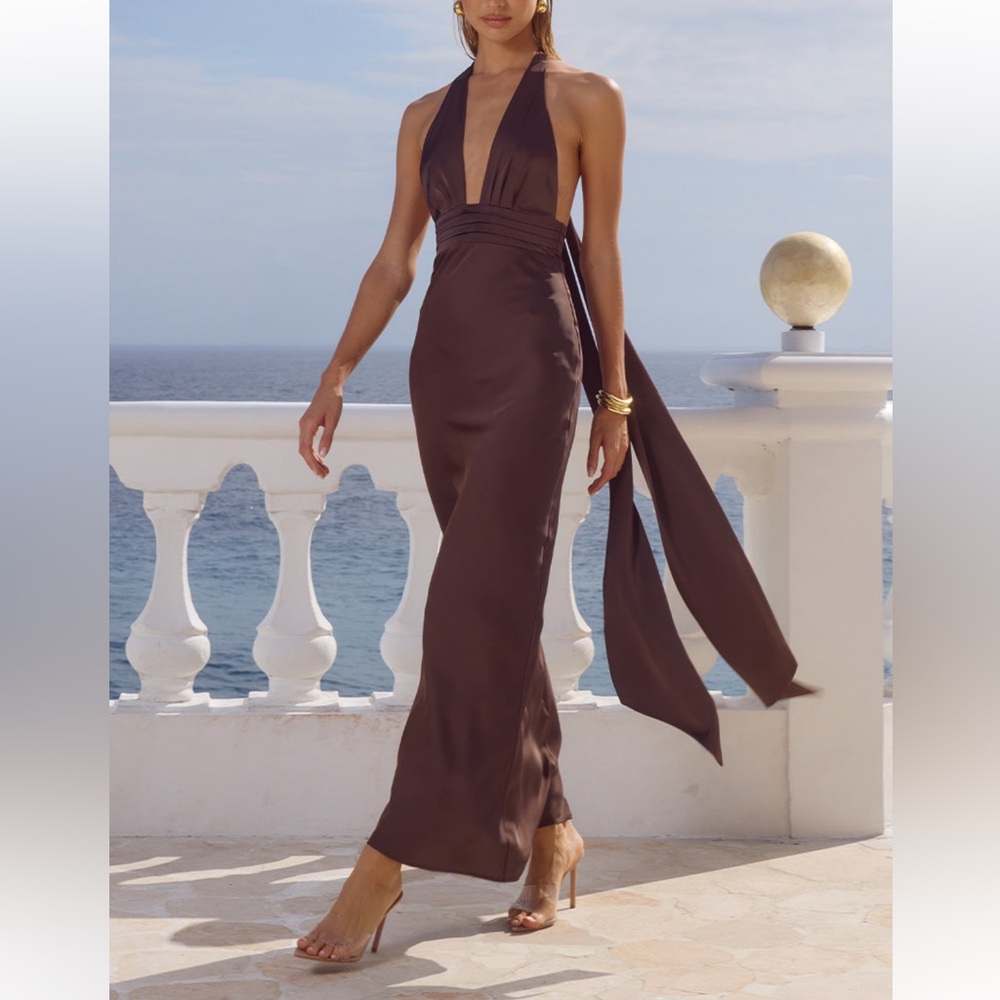 Backless Halter Maxi Dress in Chocolate Brown - Picture 3 of 4